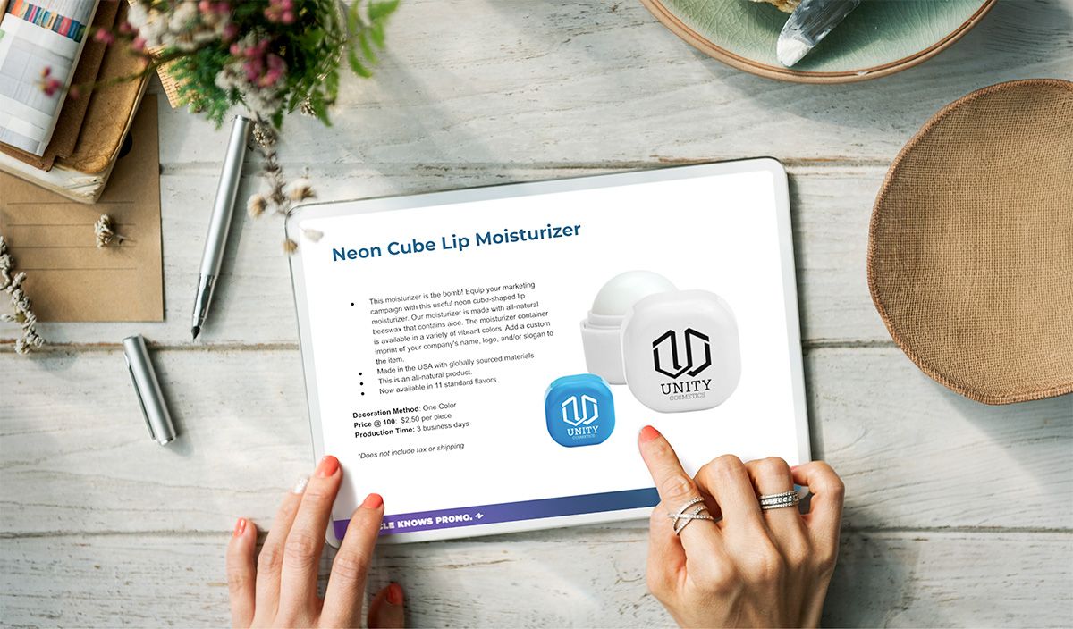 A custom IdeaKit displayed on a tablet with branded promotional product ideas.